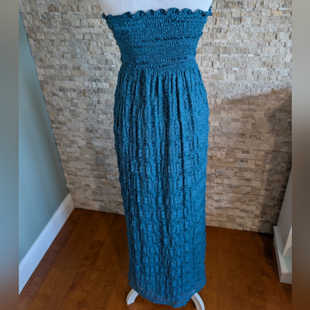 Teal Smocked Strapless Lace Boho Maxi Tube Dress Tiered Boho Hippie Blue Small - Picture 3 of 12